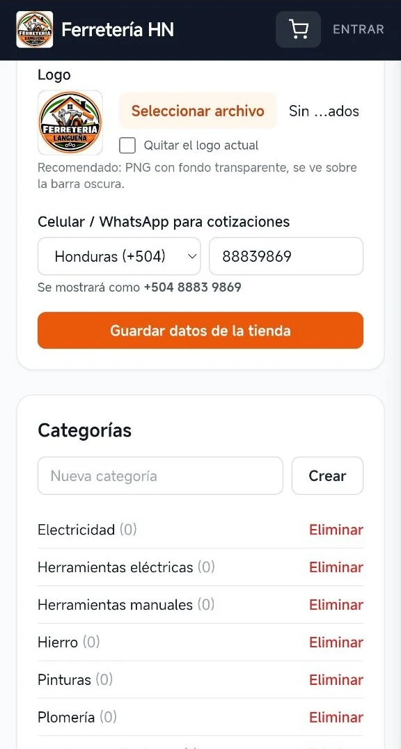 Panel: logo y categorías